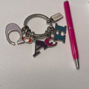Coach Silver and Multicolor Letter Keychain with Pink Coach Pen